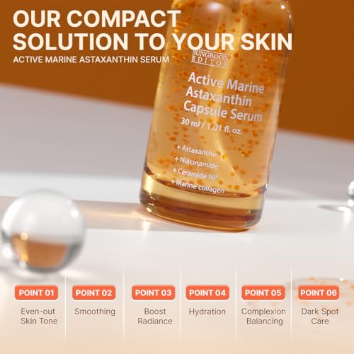 SUNGBOON EDITOR Active Marine Astaxanthin Serum | Niacinamide, Tranexamic Acid, Hyaluronic Acid, Hydrating Serum for Even Skin Tone, Korean Skin Care, 30ml,1.01 fl.oz (Pack of 2)