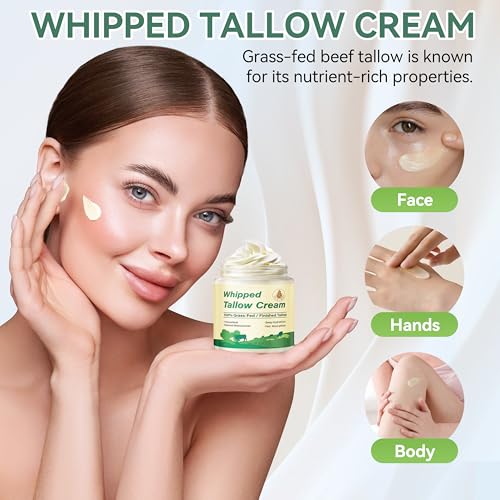 Beef Tallow for Skin, Organic Grass Fed Whipped Beef Tallow Balm for Face & Body, Natural Unscented Tallow Face Moisturizer Cream Deeply Nourishes and Hydrates the Dry Skin, 4oz