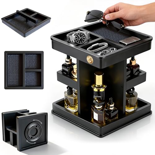 Cologne Organizer for Men, 3-Tier Large Capacity Wooden Cologne Stand with Metal Rotating Turntable, Perfume Shelf with Leather Mat Included, Desk & Nightstand Organizer, Birthday Gifts for Men, Black