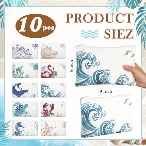 Kacctyen 10 Pcs Beach Makeup Bags Bulk Zipper Pouch Canvas Beach Themed Cosmetic Bag for Women Cruise Ship Essential Sea Summer Vacation Organization Cruise Party Favor Bridesmaid Wedding(Multicolor)
