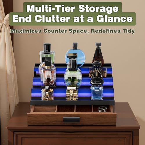 Perfume Cologne Organizer for Men: with LED Light 4 Tier Wooden Perfumes Stand, Desktop Parfum Holder Wood Display Shelf with Cabinet, Bedroom Makeup Lotion Jewelry Storage Rack with Drawer