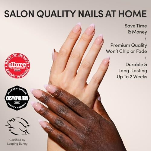 Glamnetic Press On Nails - Pink Me Up Spring Nails | Short Almond Fake Nails in Pastel Pink French Tips with 3D Pearls in a Glossy Finish, Salon Quality Nails | 15 Sizes - 30 Nail Kit with Glue