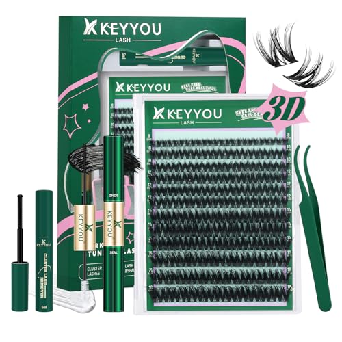 KEYYOU LASH Flora Lash Clusters Kit 3D DIY Lashes Extension Kit Eyelash Clusters 144pcs Thick Individual Lashes Fluffy and Soft Wispy Volume Lashes with Waterproof Lash Bond and Seal & Remover (F01)