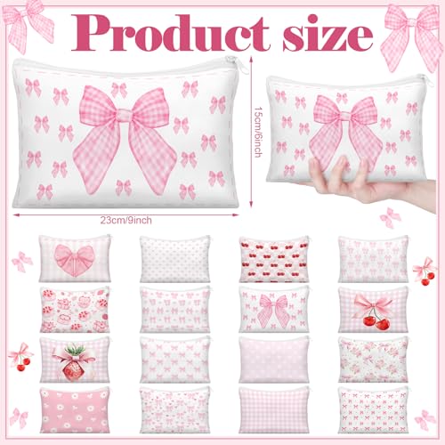 Kacctyen 16 Pack Pink Bow Makeup Bag Bulk Coquette Cherry Cosmetic Bag for Women Girly Wedding Aesthetic Pouch Lovely Heart Strawberry Preppy Pouch Zipper Gift Coquette Birthday Party Favor Supply