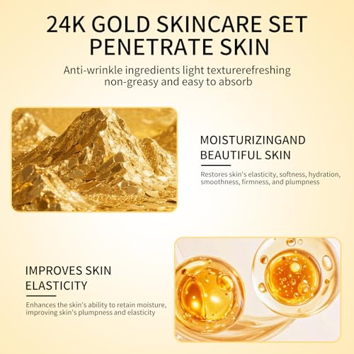 24K Gold Skincare Set 5 Piece,Moisturizing Face Skin Care Kit with Facial Cleanser,Face Serum,Face Cream,Face Lotion,Face Toner,24K Women Skincare Set For All Skin Types