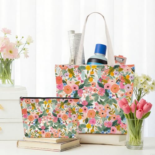 Aesthetic Floral Canvas Tote Bag Makeup Bag Set Flower Decor Gifts for Women Girls Daughter Friend Bestie Vacation Travel Work Birthday Christmas Reusable Shopping Grocery Bags Travel Cosmetic Bags