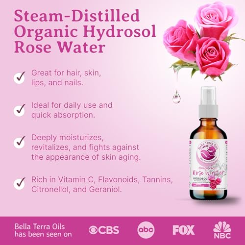Bella Terra Oils - Rosewater Spray 8oz - Crafted from the Heart of Roses, Subtle Face and Hair Refreshment, Pure Bulgarian Rose Essence