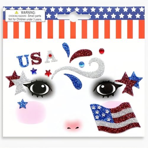 4th of July Face Gems, Fourth of July Celebration Face Jewels, Patriotic Tattoo with USA Flag Stars Designs, Sparkle Glitter Red Blue Silver for Independence Day, Parades, Parties 2 Sheets (style1)