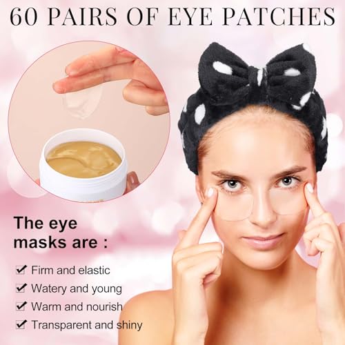 96 Pcs Face Mask Set Hydrating Clean Suitable for Sensitive Skin, Including 30 Peel-off Facial Masks, 4 Clay Masks, 60 Pairs of Under-eye Patches, a Mask Brush, and a Face-washing Headband