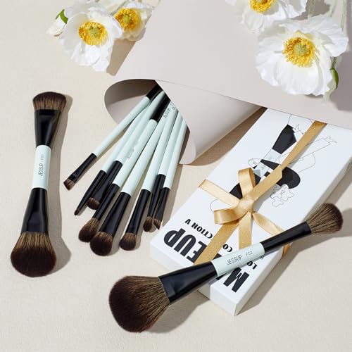 Jessup Double Sided Makeup Brushes Set T500 Bundled with Foundation Brush and Makeup Sponge Set T881
