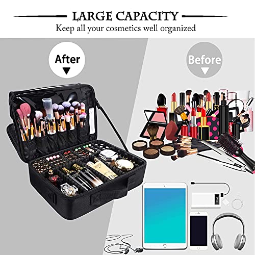 JOURMON Travel Makeup Train Case,Large Capacity Cosmetic Bags for Women,Portable Makeup Bag Organizer with Adjustable Dividers & Shoulder Strap (Black, L)