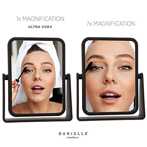 Danielle Creations Rectangle Soft Touch Vanity Mirror, Black, 1x/7x Magnifying Makeup Mirror with Stand, Portable Tabletop Bathroom or Desk Mirror