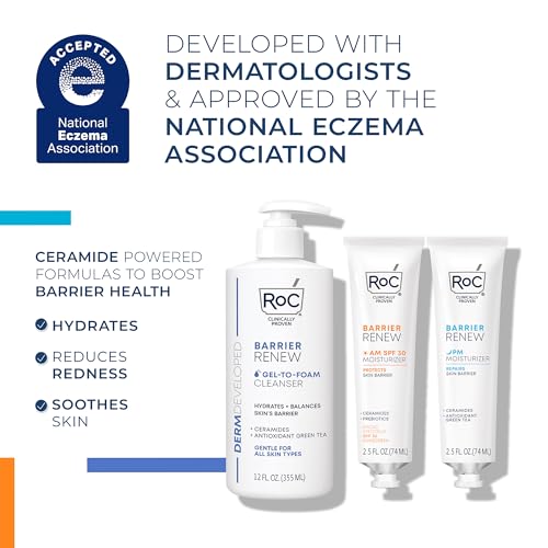 RoC Barrier Renew Bundle: Night Moisturizer, 2.5oz + Day Cream with SPF 30, 2.5oz + Barrier Renew Gel to Foam Non Drying Cleanser, 12oz