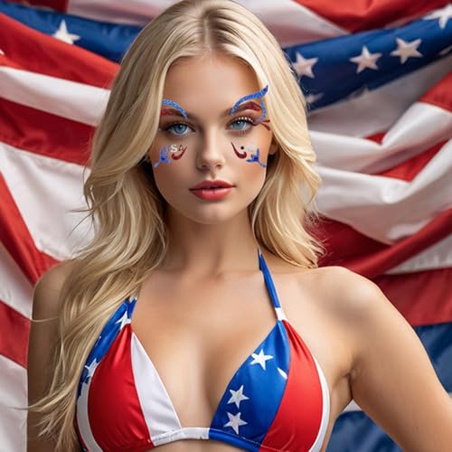 3 Sheet Patriotic Face Gems Set Blue and Red Face Jewels Stick on Face 4th of July Eye Gems Face Stickers for Women, Body Eyes Face Tattoos Sticker for Independence Day Party Festival Accessory