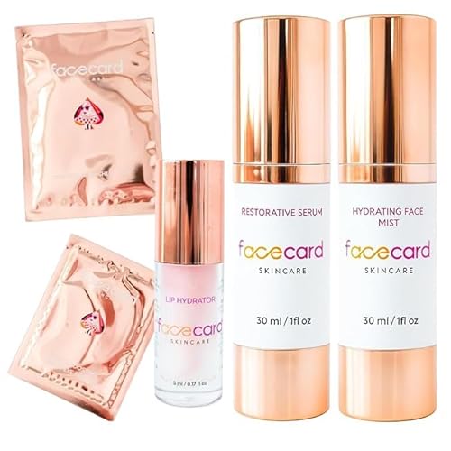 Facecard Facial Set Hydration Kit, Travel Friendly size Hydrating Skincare Set, Face Mist, Serum, Under Eye Patches, Sheet Mask, Lip Balm Vegan & Cruelty-Free