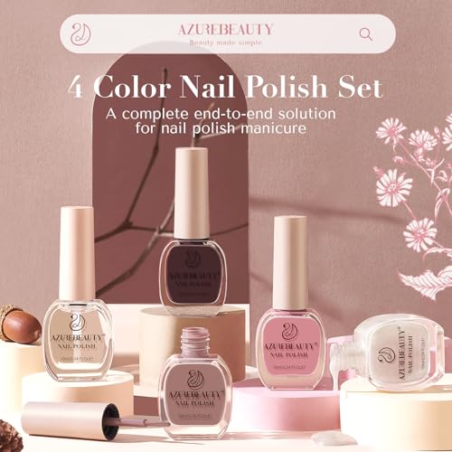 AZUREBEAUTY Nail Polish Set 4 Colors Fall Winter Brown Pink Glitter Nail Polish Quick Dry Natural Nail Lacquer Fingernail Kit with Top Coat DIY