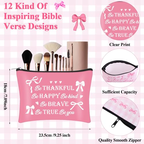 24 Sets Pink Bow Inspirational Makeup Bag with Compact Mirrors Bulk Canvas Cosmetic Bags Pink for Women Party Christmas Graduation
