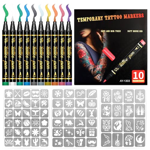 Temporary Tattoo Markers for Skin, 10 Body Markers+70 Tattoo Stencils,Safe Non-Toxic Water-Based Ink, Soft Brush Nib,Temporary Art Drawing, Washable Markers for Face & Body Art, Party Favor