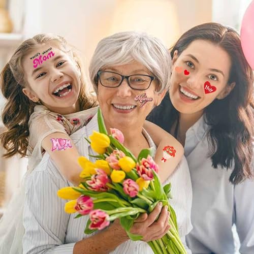 10 Sheets Mom Heart Flowers Temporary Tattoos Stickers Happy Mother's Day for Women Men Boys Girls Body Face Art Decal Decoration Supplies