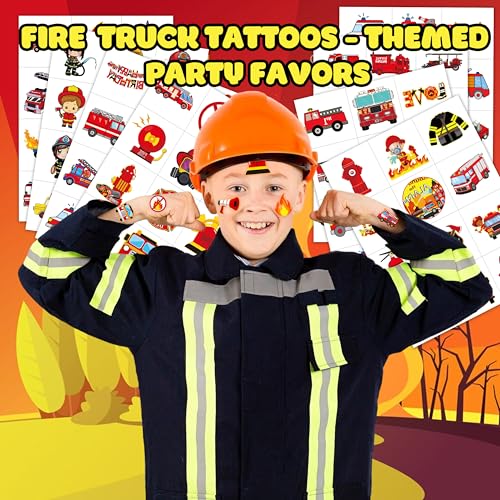 96PCS Fire Truck Pre-Cut Temporary Tattoos for Kids ? Firefighter Party Favors Supplies, Emergency Vehicle Theme Decorations, Fireman Birthday Tattoo Stickers for Boys Girls Classroom Rewards