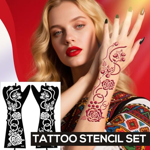 10 Sheets Henna Tattoo Stencil Kit - Temporary Tattoo Stencils for Hands and Forearm, Indian Inspired Designs - Self-Adhesive Tattoo Stickers