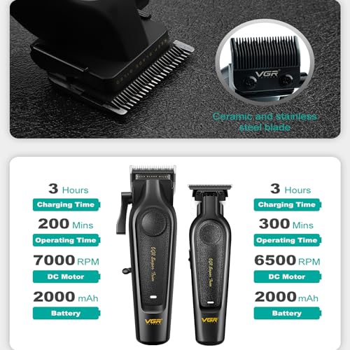 VGR Professional Hair Clippers for Men - Cordless Barber Clippers & Zero Gapped Trimmer Set, 7000RPM High Power Hair Cutting Kit with Ceramic Blade, USB-C Rechargeable Grooming Tools for Fade V197&995