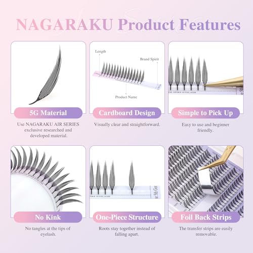 NAGARAKU Premade Spire Eyelash Extensions, 5 Trays in 1 Pack Air Series Feather Shape Manga Anime Lashes Volume Soft Black Flat Root Spikes Fans Eyelashes DIY Clusters Lash-0.07 C Curl 8-15mm Mix