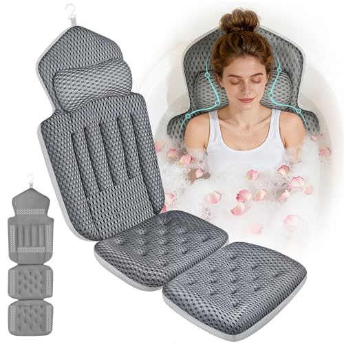 Upgraded Full Body Bath Pillow for Bathtub,Luxury Thick Bath Cushion for Soaking Tub with 192 Suction Cups,Full Body Bathtub Pillows for Head and Neck Shoulder Support,4D Air Mesh, 53" x 16" Dark Gray