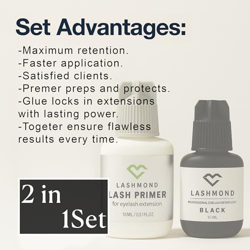Eyelash Extension Glue & Primer Set ? Professional Black Lash Adhesive (10ml, 2-3s Drying, 6-8 Weeks Retention) + Lash Primer (15ml) for Lash Artists & Beginners