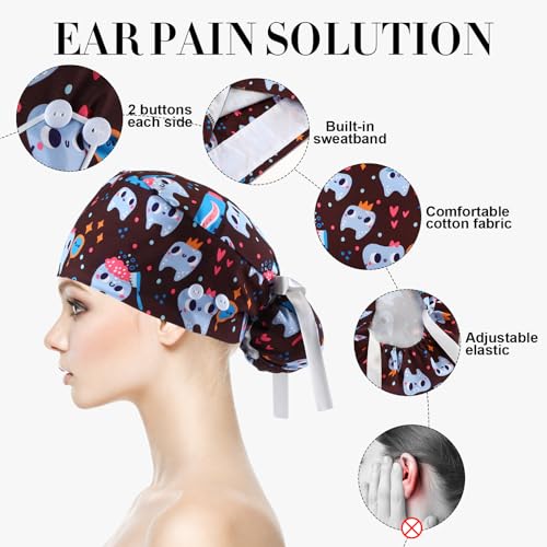 12 Pcs Dental Scrub Cap for Women Nurse Cap with Button Adjustable Dentist Surgical Hat Long Hair Ponytail Pouch Hat