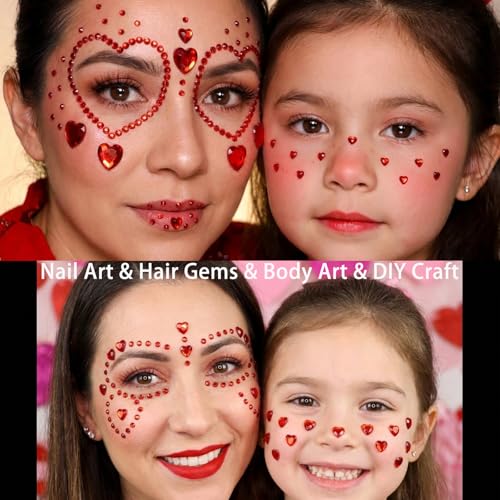 Red Heart Kiss Face Gems Self-Adhesive Rhinestone Red Lip Hair Gems Valentine's Day Face Jewels Stickers On for Rave Accessories Makeup Concerts