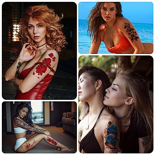 21 Sheets Sexy Flower Temporary Tattoos for Women, Waterproof 3D Bright Flora Tattoo Stickers for Girls, Rose, Peach Blossom, Chrysanthemum Various Tattoo Flower Temporary Fake Tattoos