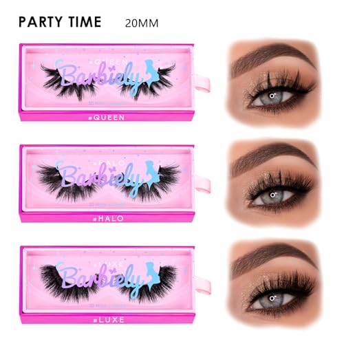 20mm Mink Lashes, 3D Real Mink Lashes, 3 Pairs Fluffy Dramatic False Eyelashes, 100% HandMade Mink Lshes, 6D Wispy Long Thick Full Volume Strip Eye Lashes, Cruelty Free (Party Time)