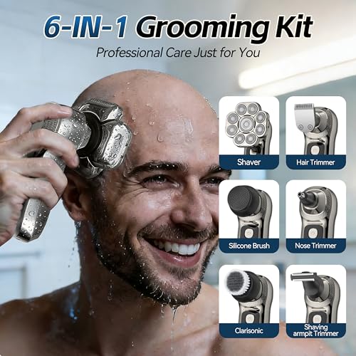 9D Head Shavers for Bald Men, Upgraded 6-in-1 Electric Razor Grooming Kit with LED Display, Waterproof Wet & Dry, USB-C Fast Charging, Cordless Rotary Head Shaver for Home&Travel (Gunmetal, 9D)