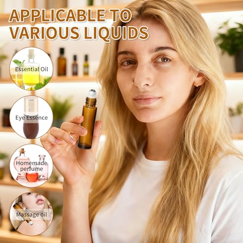 48 Pack 10ML Roller Bottles for Essential Oil, Empty Amber Glass Roller Bottle for Perfume Oil, Roll on Bottles with Stainless Steel Roller Balls, Opener, Funnel and Dropper for Aromatherapy, Massage