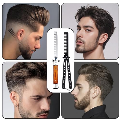 2 Pack Automatic Switch Folding Practice Combs, Stainless Steel Butterfly Comb for Hair Styling Tools