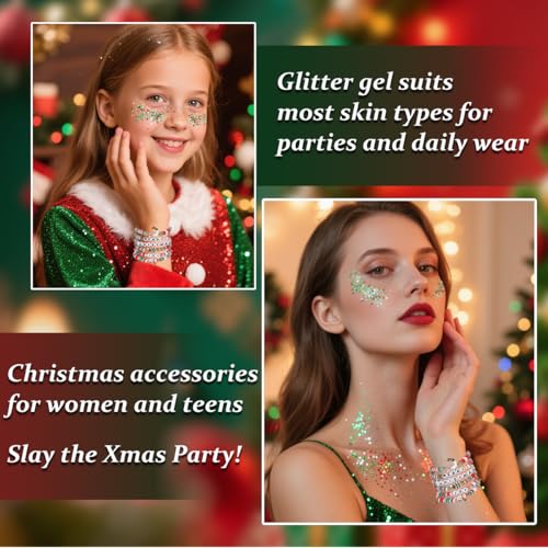 Mysense Christmas Glitter Stick for Face Hair Body and 6 Pack Joy & Merry Christmas Bracelets Set,Christmas Accessories for Women,Festive Stocking Stuffers,Party Favors and Decorations