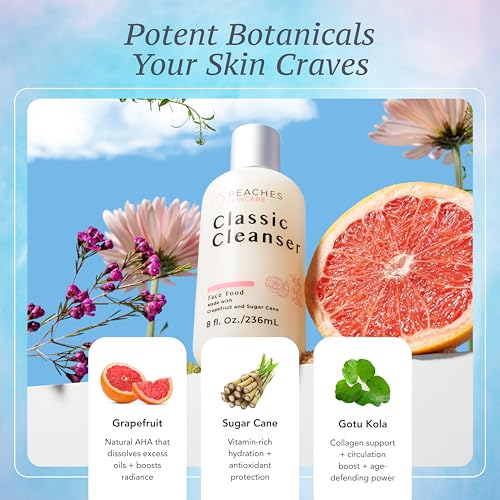 Peaches Skincare Hydrating Facial Cleanser ? Vegan Face Wash with Grapefruit, Sugar Cane, and Gotu Kola ? Lightly Exfoliating Daily Formula for All Skin Types ? Classic Cleanser ? 8 oz