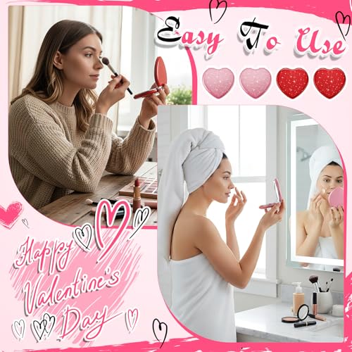 10 Pcs Red and Pink Heart Shaped Compact Mirror 1x/2x Magnifying Double-Sided Pocket Mirror for Purse, Cute Glitter Travel Makeup Mirrors Valentine's Day Gifts for Her, Travel Essentials