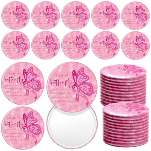 Pinkunn 100 Pcs International Women's Day Gifts Bulk for Woman Pink Inspirational Faith Compact Mirrors for Nurse Coworkers Motivational Cancer Awareness Small Pocket Travel Makeup Mirrors (Butterfly)