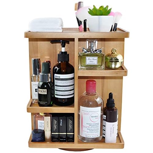 Spiretro Rotating Cosmetic Modular Organizer, Multi-Function Storage, 360 degree Carousel for Makeup, Toiletries, Vanity, Desk, Countertop, Bedroom, Closet, Solid Natural Wood with Acacia Brown