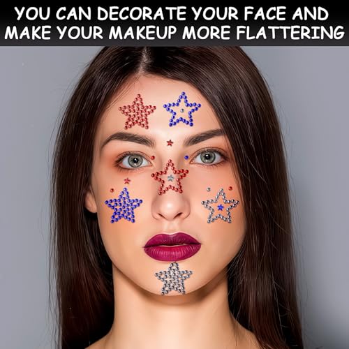 6 Sheets Rhinestone Sticker Self Adhesive Rhinestones Gems for Face Eyes Makeup Hair Body Stick on Rhinestones Stickers for Independent Festival Decal Decor(Red Blue White)
