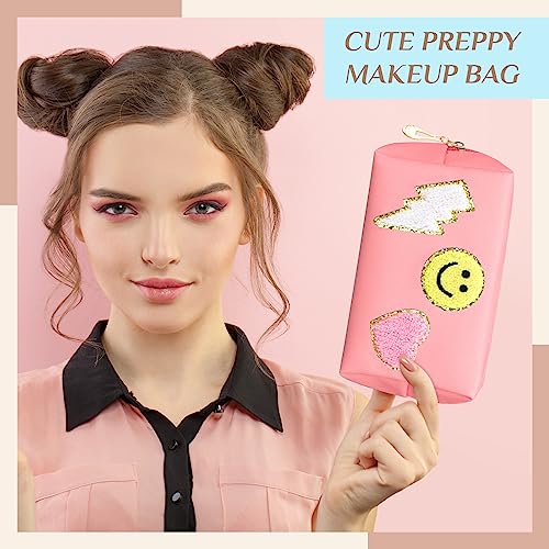 Silkfly 15 Pcs Preppy Patch Makeup Bag Bulk End of the Year Teacher Gifts Bulk Cosmetic Toiletry Bag Smile Lightning Heart PU Leather Portable Waterproof Makeup Cosmetic Purse for Women(Pink)