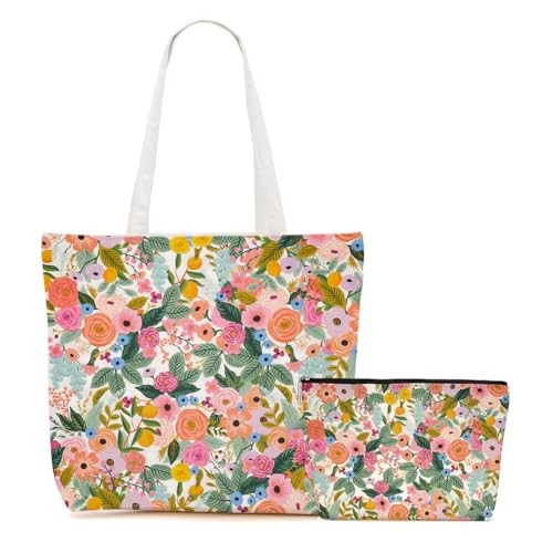 Aesthetic Floral Canvas Tote Bag Makeup Bag Set Flower Decor Gifts for Women Girls Daughter Friend Bestie Vacation Travel Work Birthday Christmas Reusable Shopping Grocery Bags Travel Cosmetic Bags