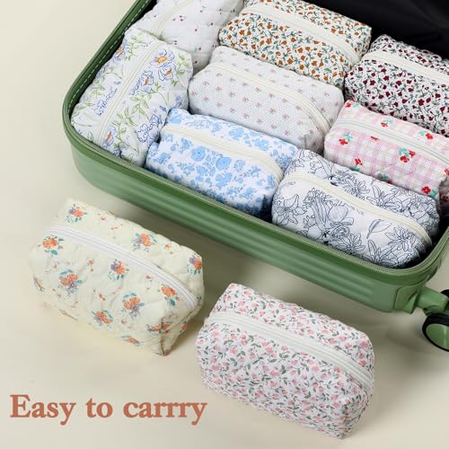 10 Pcs Cotton Floral Quilted Makeup Bags, Aesthetic Cosmetic Bags Portable Floral Makeup Pouch with Zipper Make Up Organizer for Women Travel Gifts
