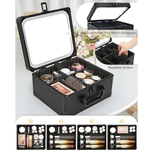 Makeup Case with Lighted Mirror, Travel Makeup Box with LED Mirror Makeup Organizer Bag Portable Cosmetic Train Case Makeup Artist Storage Bags with Adjustable Dividers Gifts for Women and Girls
