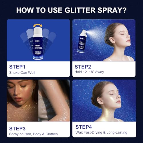 Body Glitter Spray, Glitter Spray for Hair Clothes and Body, Holographic Silver Glitter Hairspray for Grils ? Festival, Rave, Prom, Stage, Nightclub, Cosplay Party Makeup 60ML
