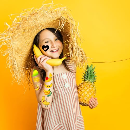 240PCS Banana Tattoos Temporary Stickers Cute banana Baby First Birthday Shower 2nd Birthday Banana fever powder Party Decorations Supplies Tattoos(24 Sheets)