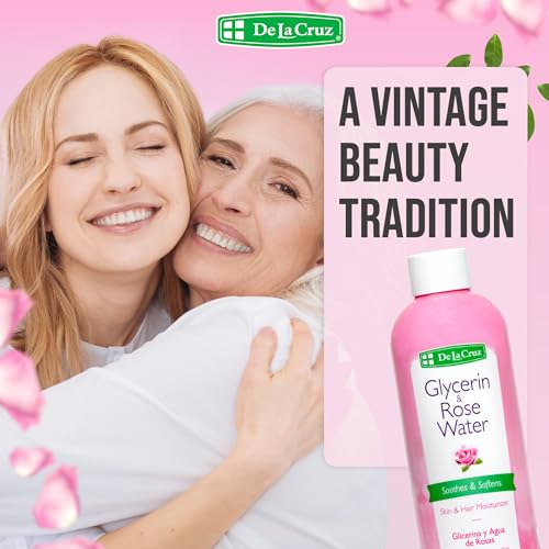 De La Cruz Rose Water and Glycerin for Face - Rosewater Facial Toner and Moisturizer for Skin and Hair 8 fl oz (236 mL) - 12 Bottles
