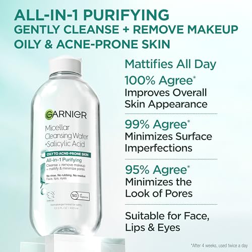 Garnier Micellar Water with Salicylic Acid, All-in-1 Mattifying Facial Cleanser and Makeup Remover for Oily and Acne Prone Skin, 13.5 Fl Oz, Pack of 2